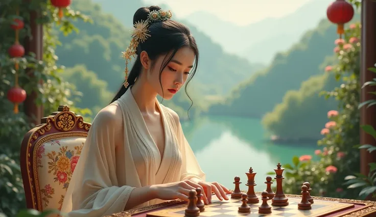 (woman chinese) beautiful hand playibg chess having beautiful accesories in landscape