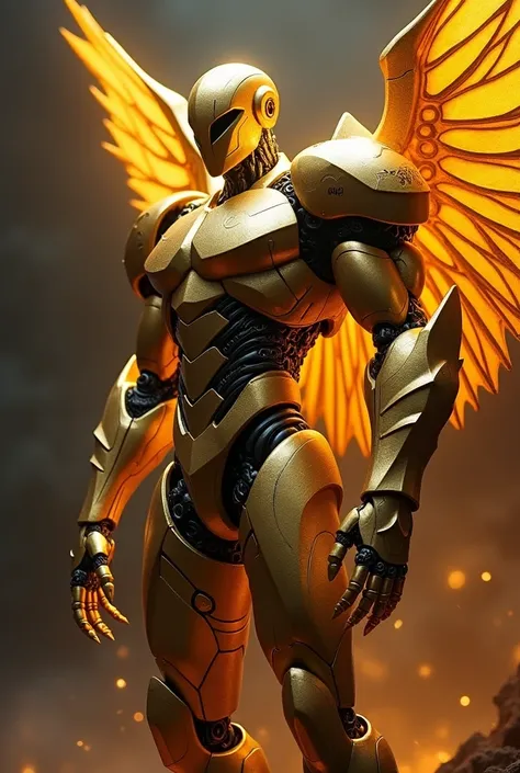 Male golden robot with muscle, cyber, calm, discreet, clawed, with golden wings, dark elemental magic, mysterious, dark atmosphere, rune character tattoo.