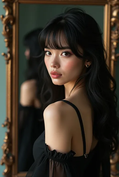  A woman with long black hair liso, dentuça, olhos verdiados, with bangs, wearing vintage black dress ,  facing a mirror with classic frames