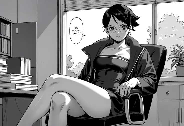 monochrome, manga_source, best background, detailed background, manga, grayscale, uchiha sarada, boruto_two_blue_vortex, post timeskip, Uchiha_sarada, solo, chair, sitting, crossed legs, Disappointed   black hair, short hair, glasses, beautiful body, mediu...