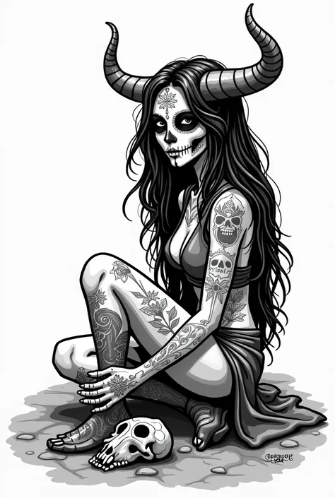 (Black and white doodle style cartoon) woman holy death, Goddess of the Dead, mexican skull face, long hair, sitting, various tattoos, leather outfit, Ox skull