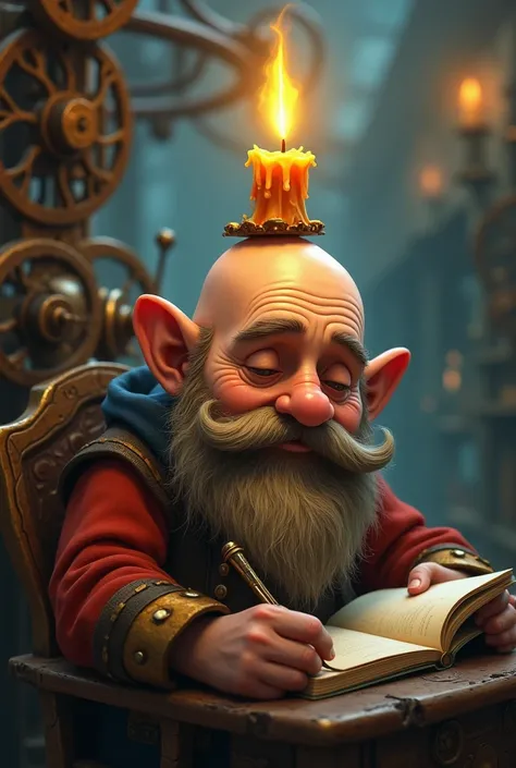 a bald dwarf who has sweet eyes that appear closed, he has a voluminous and well-groomed beard followed by a mustache, he has a melted candle on top of his head that is always on fire, he is a writer and is in a steam punk world (in Dungeon Meshi style)