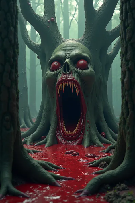 An evil forest full of trees with meniacal faces that are vomiting up blood. Put different trees with different menacing faces vomiting hundreds of gallons of blood that collects on the forest floor in between the massive roots. ((Huge eye sockets with no ...