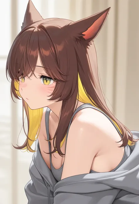 masterpiece,1girl, colored inner hair Brown hair Yellow hair, cat_ears, gray oversized hoodie,  inner tank top , Hair on one eye, Long hair tips, Miqote