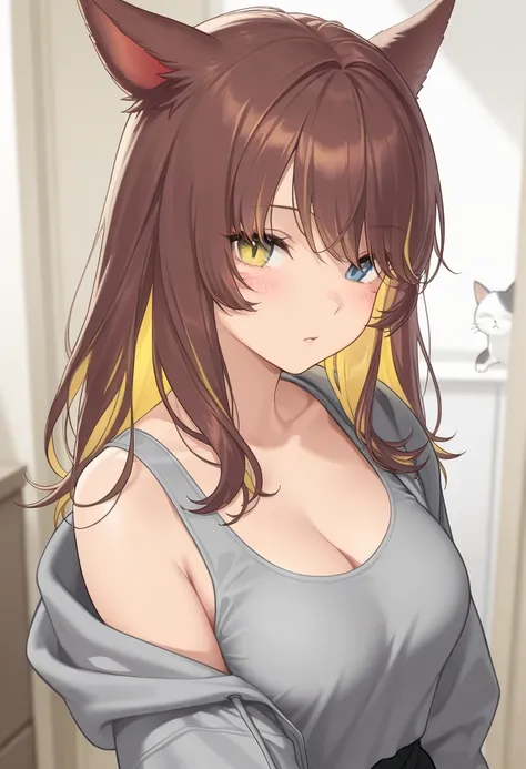 masterpiece,1girl, colored inner hair Brown hair Yellow hair, cat_ears, gray oversized hoodie,  inner tank top , Hair on one eye, Long hair tips, Miqote