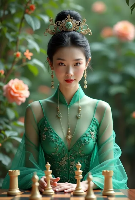 a hyper realastic chinese queen playing chess in a beautiful garden wearing emrald green beautiful dress made by net cloth wearing some asthetic jwelery as well 