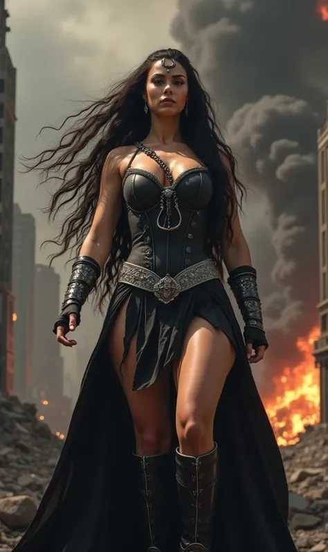 (((wonder woman traje negro)))A beautiful gigantic woman with long (((negro))) hair with a cape or bangs in her hair(((Long braid over her chest )))Blue eyes wearing the costume of the Amazon warrior (((wonder woman traje negro))),(((CORSET en cuero negro)...