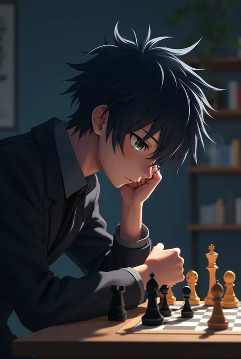 Male anime character practicing playing chess alone by thinking hard, with side angle 
