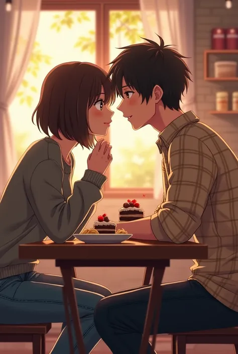 Anime girl with short brown hair dressed in a gray sweater and jeans with her boyfriend with smooth black hair in a beige plaid shirt eating chocolate cake and wholemeal empanadas in a nice romantic cafe about to give a rich kiss full of chocolate 