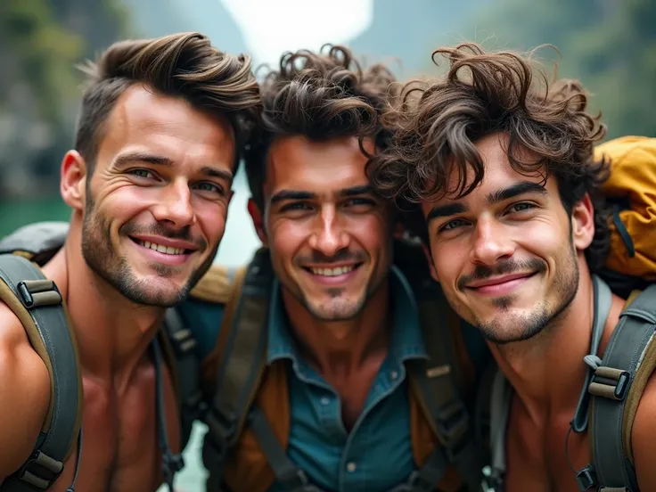 Create an image of partners that is of 3 people and are male, Let one have straight hair ,  the other hair standing and the other frizzy or curly, without a beard and adventurous 