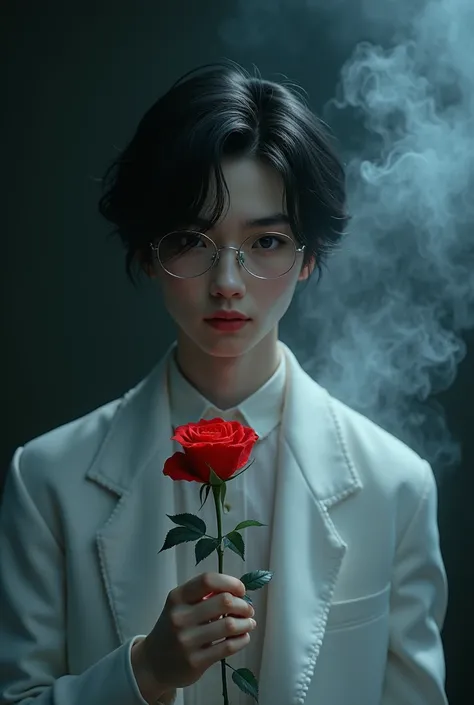 Pretty man with fox eyes,Silver Glasses,  black comma hair, White clothes, Holding a rose in the darkness and smoke. 