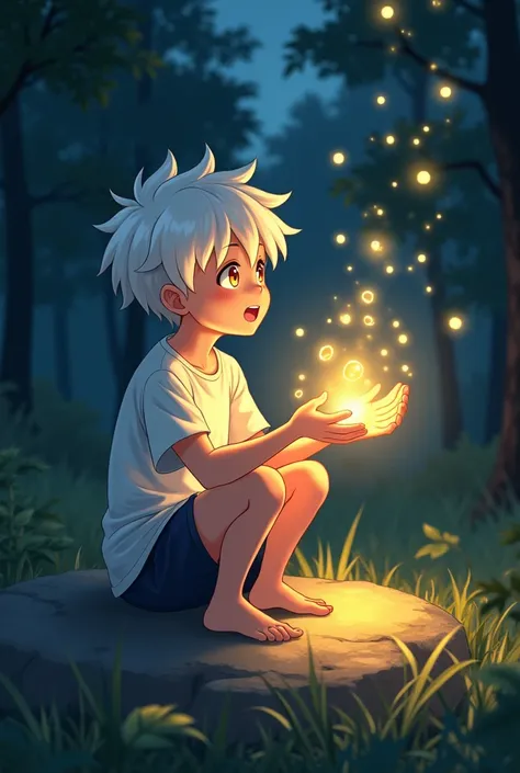 A cute teen anime boy with white hair and orange eyes wearing white t-shirts and white shorts sitting on a rock in a forest at night making a bowl from his hands and holding some yellow light bubbles in the bowl of his hands moving towards the sky and some...