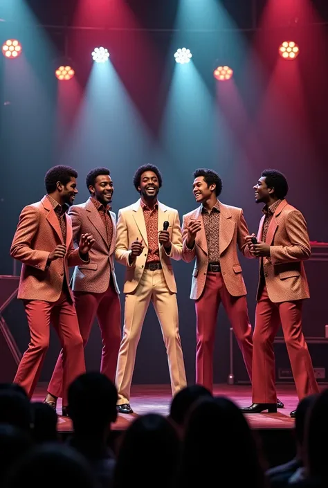 A 70s vocal group of 5 black men singing on stage 