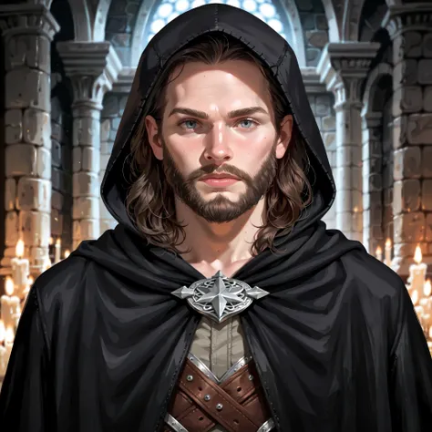 Portrait of a (male) human ranger, front view, (medium shot:1.3), one person standing, tall and slender build, (long black hair and beard:1.3)
BREAK
grey eyes
BREAK
pale skin
BREAK
wearing fantasy world costume of a (dark grey hooded cloak:1.5) over (tan l...
