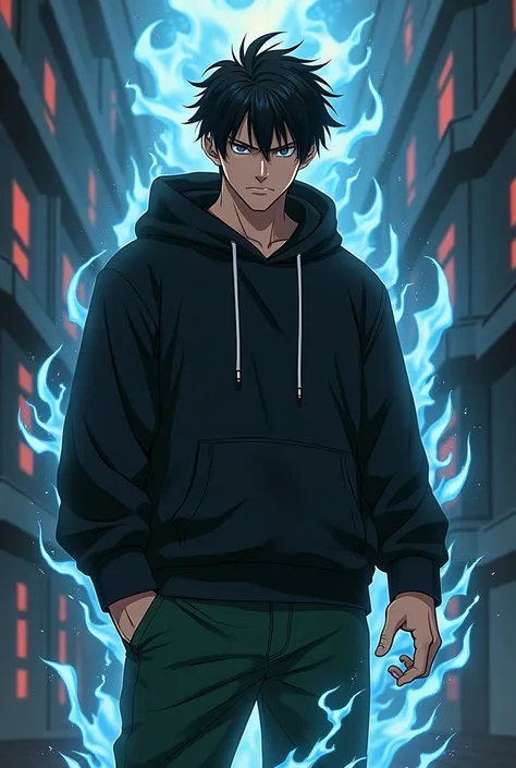  Do a dark-haired young man , He has a black sweatshirt ,  wears green pants and has an elemental power that is dark anime-style.
