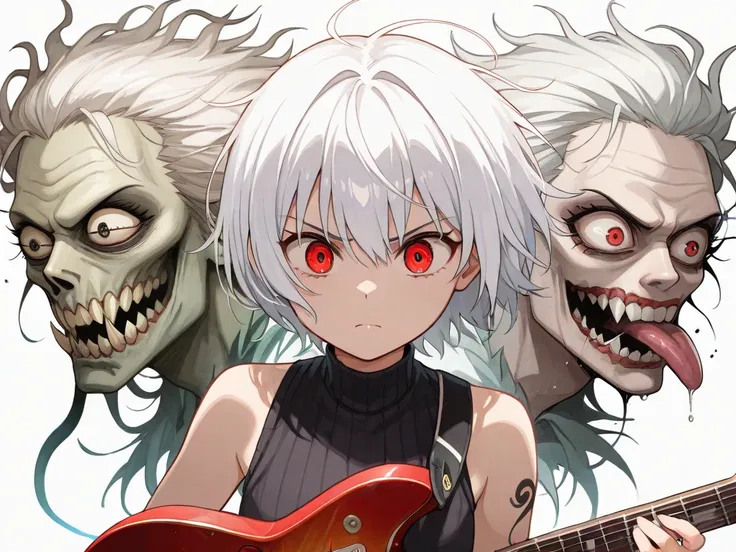 Women, furious, a beautiful tattooed doctor with short white hair., red eyes, manic laughter, plays an electric guitar, thoughtful look, horror style, style of anime aesthetic, the entity is capable of speaking any language the caller understands and adapt...