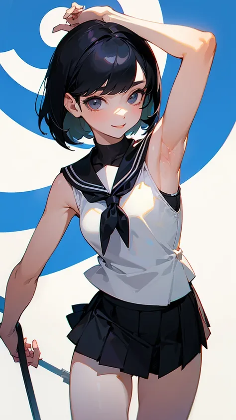 (( top quality)), ((masterpiece)), ( Details),  perfect face、 One Girl ,  sexy、 short bob、 black hair,pale,skinny、 sailor suit、 black skirt、smile、 and show your armpits