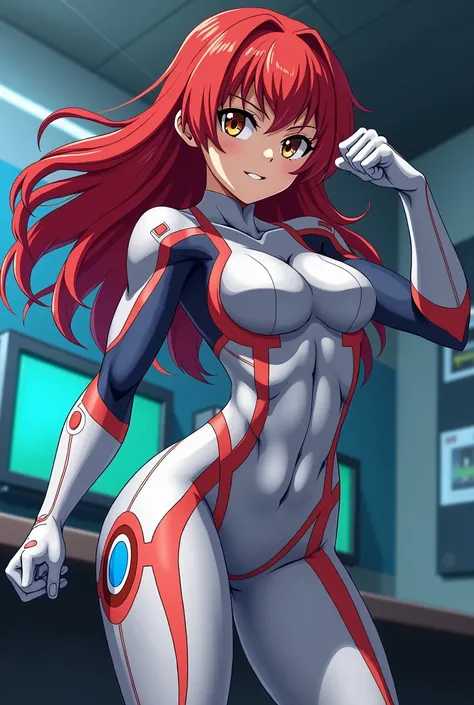     My Hero Academia style  ,    anime girl   , woman, young woman ,    full body shot  ,( Combat Stance :1.3),  long hair, Red Hair,    Brown Eyes  ,  hero suit, Full Body Suit, Red and blue details on a silver suit ,    PERFECT ANATOMY   ,  Reinforced AB...