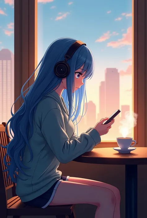 window and coffee anime long hair girl with phone and headphone blue  clothes