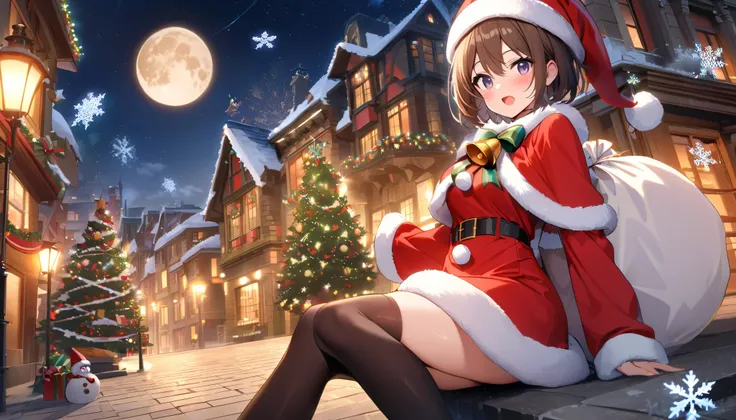 1girl,bag,bell,black legwear,blush,brown hair,building,chimney,christmas,christmas tree,city,cityscape,fireplace,fur-trimmed capelet,fur-trimmed dress,fur-trimmed headwear,fur trim,hat,holding sack,house,lamppost,looking at viewer,night,open mouth,outdoors...