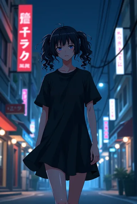 BOY ADULT WITH LONG CURLY HAIR WITH BLACK PIGTAILS WEARING BLACK HEADPHONES WITH VESTIDO BLACK WALKING ON THE STREET AT NIGHT ANIME TYPE