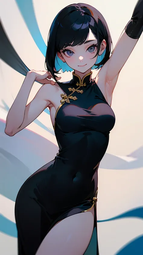 (( top quality)), ((masterpiece)), ( Details),  perfect face、 One Girl ,  sexy、 short bob、 black hair,pale,skinny、 China Dress、smile、 and show your armpits