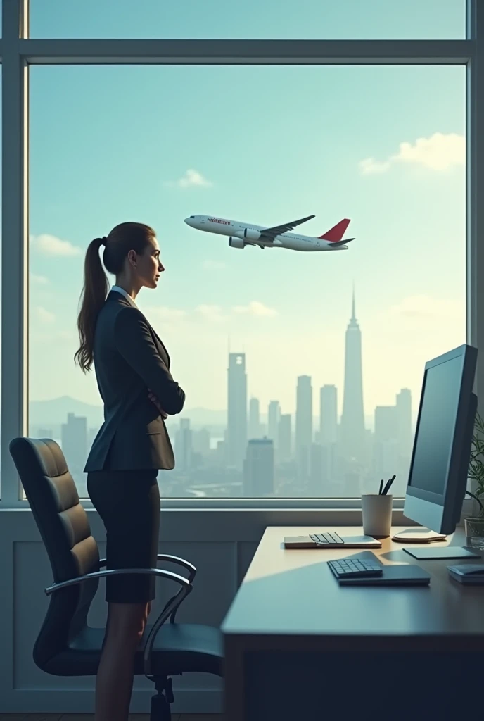 Woman working in an office looking out a window at a departing plane