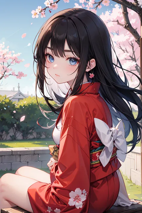  has long, dark hair ， with warm blue eyes  ，Black eyebrows、Clear and bright eyes，The lines of the facial features are soft and graceful，Cold and elegant，Refined spirit，There is no flaw at all。 The skin is white and red ， kimono，Sitting，Outdoor scenery, Ch...