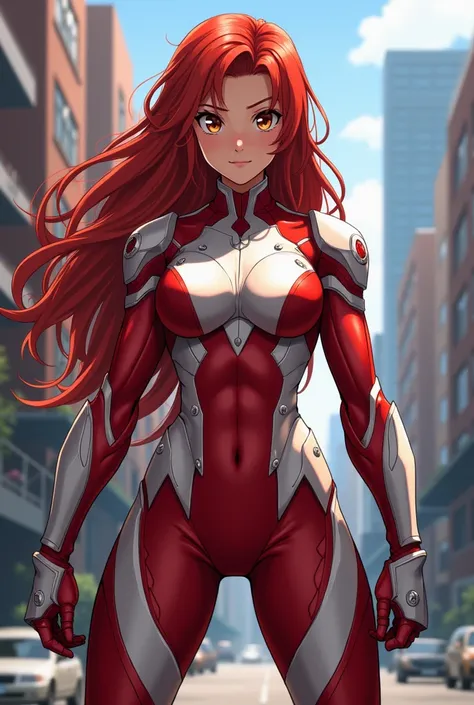    My Hero Academia Style ,     anime girl   , woman, young woman ,    full body shot  ,( Combat Stance :1.3), long hair, Red Hair,    Brown Eyes  ,  hero suit, Full Body Suit,   red suit with white details,   perfect anatomy ,  Reinforced ABS ,  super det...