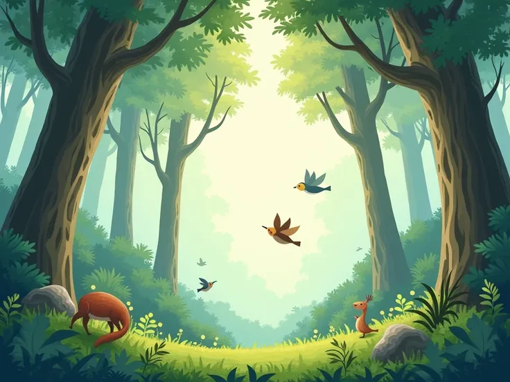 Children&#39;s book illustration style，A forest，Vision，Tall trees ，Birds flying in the air，peaceful、cool colors。