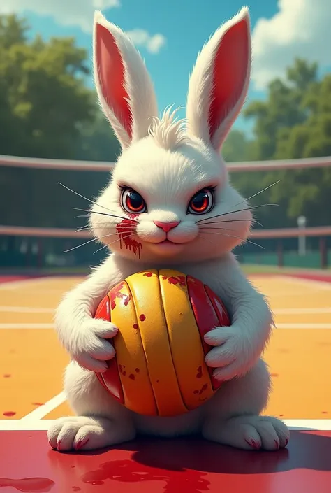 Cool blooy Bunny holding a volleyball. Behind it is a volleyball court.