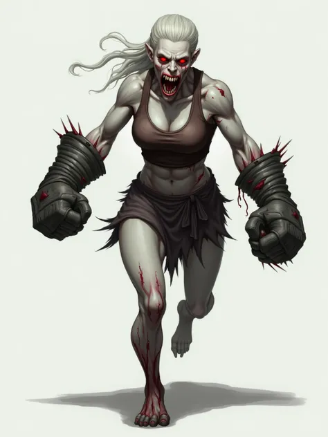 A large female zombie with a white body and bright red eyes. Wears little torn clothing, is in strong condition, has a muscular body with large muscles. Wearing large iron fists on both hands, she was running towards her prey.