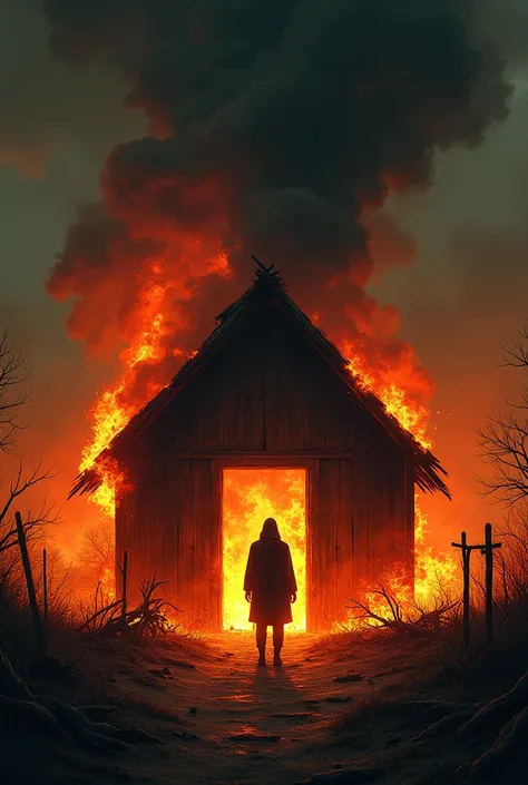 The cover of a book with a horror rating of a burning hut