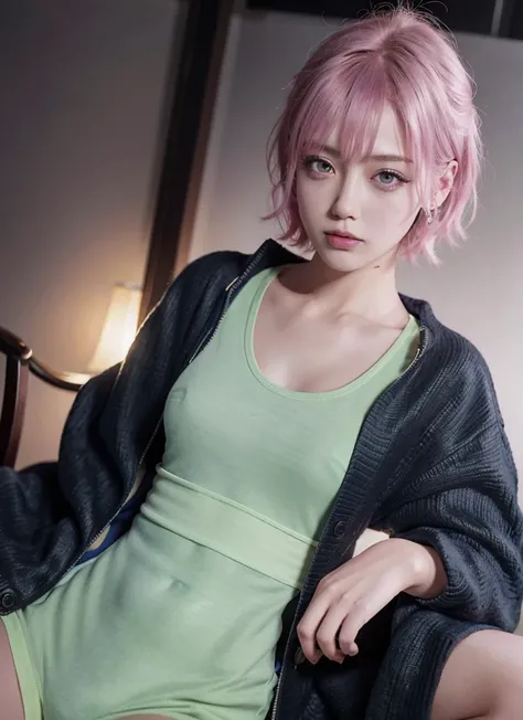 RAW shooting,12k, 最high quality, masterpiece, 超High resolution, (Realistic:1.4), RAW Photos, 1 girl,, short hair, (masterpiece, 最high quality, high quality, High resolution, Very detailed),pink hair, (Night lighting:1.4), Cyberpunk attire、Layer Color、Cloth...