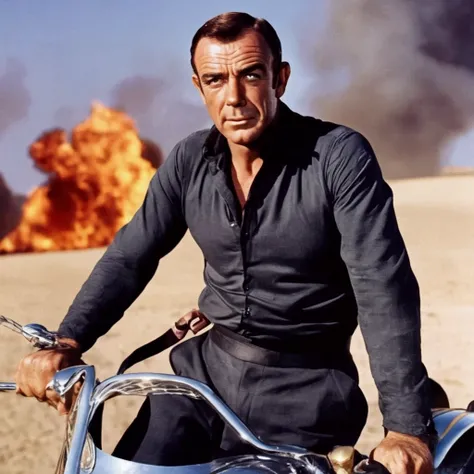 Sean Connery (role of James bond, age 40 in his prime), has jumped from a burning plane and is on a rapid descent to the ground, he is not worried, he is riding down on a parachute, dashing
