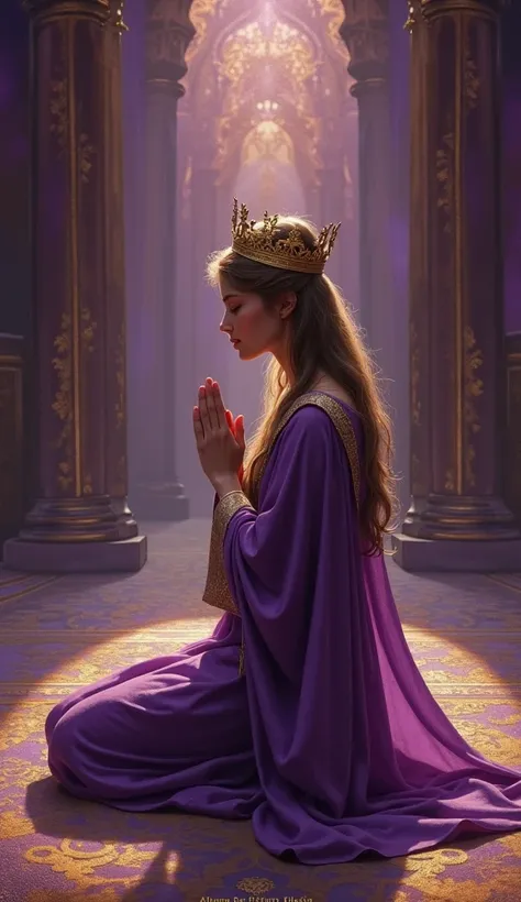 
" Esther kneeling in prayer, with shades of purple and gold ,  and a royal cut background ."
