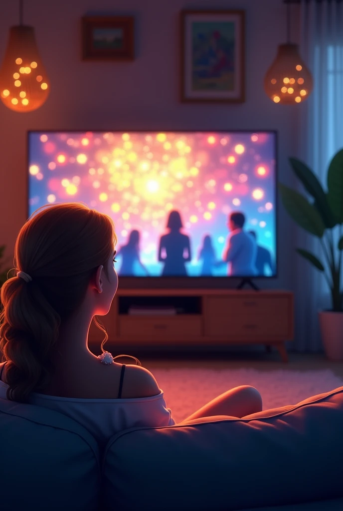 Animation of a woman watching the Brazilian New Year on TV