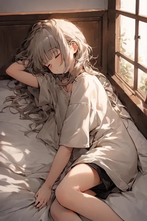 ((masterpiece,highest quality)),One girl,Beautiful fine details, detailedな顔, (whole body:1.2), 1 girl, solo,a girl,

"A young girl who appears to have turned into a girl overnight is sleeping soundly on a bed. She is wearing loose, oversized boys clothes, ...