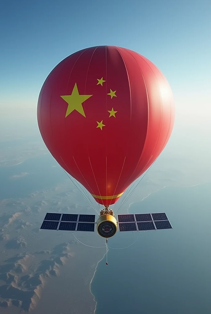 Chinese spy balloon with small earth observation satellite attached to it with Chinese flag made on it, satellite having long solar panels but balloon made in Chinese flag colour