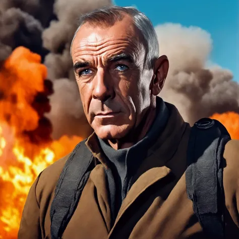 a man in his 40s, Sean Connery as James Bond, parachuting from a burning plane, calm expression, dashing and confident, detailed facial features, realistic, photorealistic, ultra-detailed, 8k, best quality, masterpiece, cinematic lighting, dramatic action ...