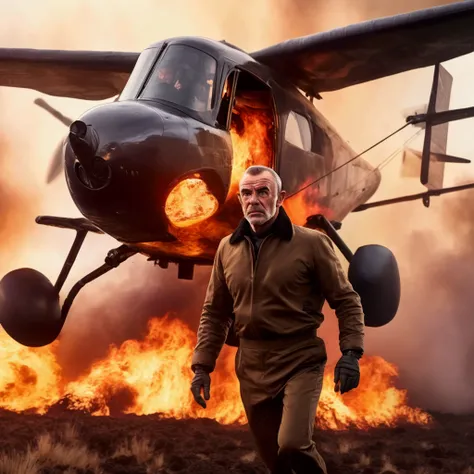 a man in his 40s, Sean Connery as James Bond, parachuting from a burning plane, calm expression, dashing and confident, detailed facial features, realistic, photorealistic, ultra-detailed, 8k, best quality, masterpiece, cinematic lighting, dramatic action ...