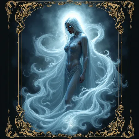 Swirls, fog, phantom ghost woman, glowing eyes, bright silver, smoke, black paper, elements, dark grey, dark blue, neon, baroque, rococo, white ink, tarot card with ornate border frame, sébastien mitton, viktor antonov, sergey kolesov, detailed, intricate ...