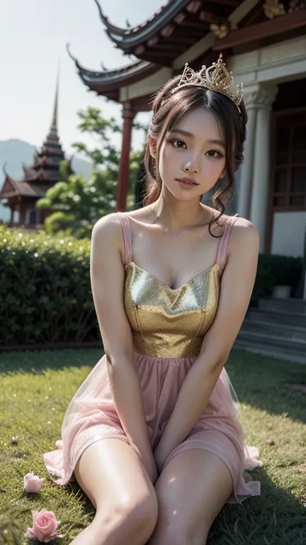 A beautiful young Thai woman wearing a pink dress and gold tiara sits on the grass in front of a Phra establishing shot. A beautiful white cat with red eyes walks around her, surrounded by pink roses in the background. A beautiful temple stands behind them...