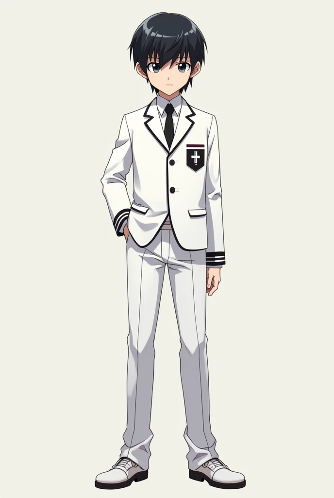 Make an image of a dark-haired anime-style boy like Boku no hero , With short black hair and wearing a white school uniform That he is tall,The image must contain his full body please 