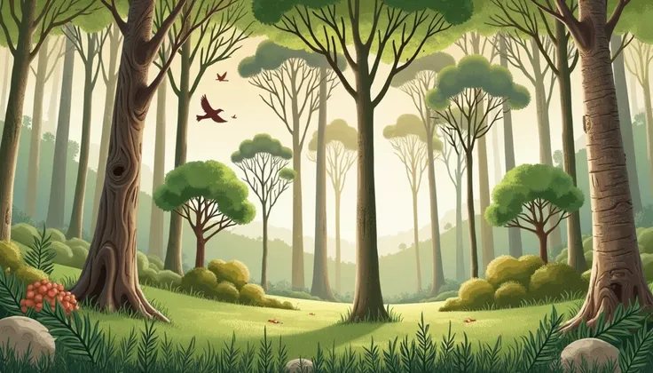 Children&#39;s book illustration style，A forest，Vision，Tall trees ，Birds flying in the air，peaceful、cool colors。