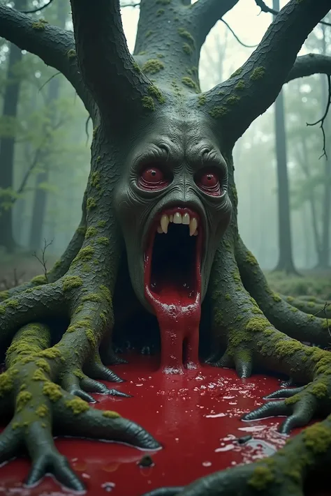 An evil forest full of trees with giant faces that jave no eyeballs and no teeth vomiting up massive amounts of blood and gore. Put different trees with different menacing faces vomiting hundreds of gallons of blood that collects on the forest floor in bet...