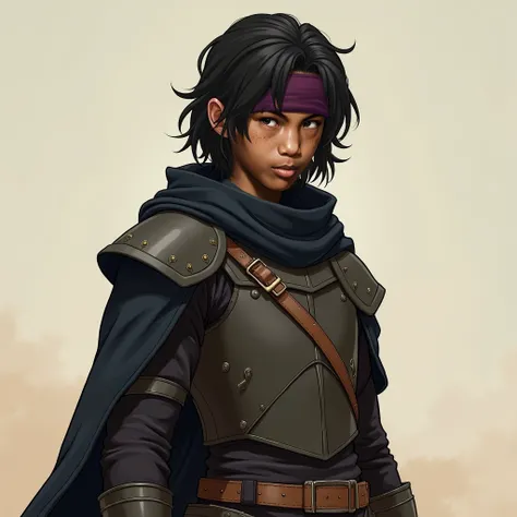 Full Body Image : An 18-year-old warrior with a sharp, expressive face and lightly tanned skin, characteristic of desert regions. His distinctly colored eyes, one dark brown and the other a cold, crystal blue, hold an intense, calculating gaze, subtle scar...