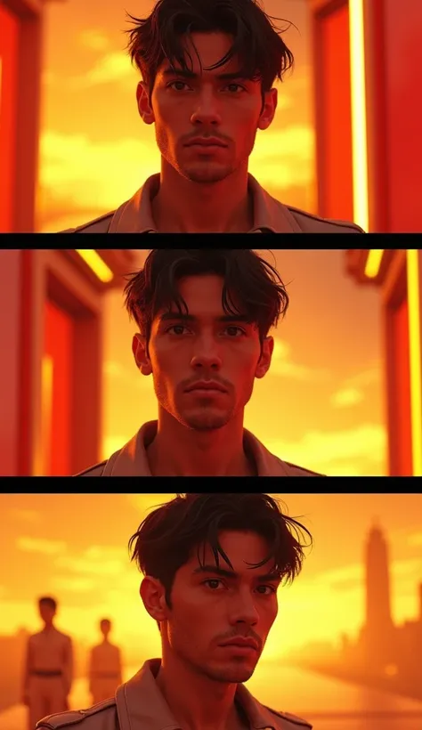 "A high-resolution, ultra-realistic three-panel image featuring the same male character in a modern, striking environment such as a futuristic studio with glowing golden and red hues or a dramatic, sunset-inspired background. The panels are merged seamless...