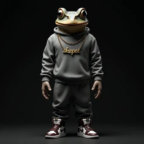 frogman, Necklace with the phrase "Sheper ", Jordan sneakers, Black background,grey sweatshirt