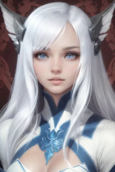 (best quality,highres,masterpiece:1.2),HDR,ultra-detailed,realistic,photorealistic:1.37,medium:oil painting,portraits
,Ari,girl with long hair,red eyes,solo,white long dress,Irelia,looking at the viewer,white hair,armor,lips,an angle,symmetric eyes,medieva...